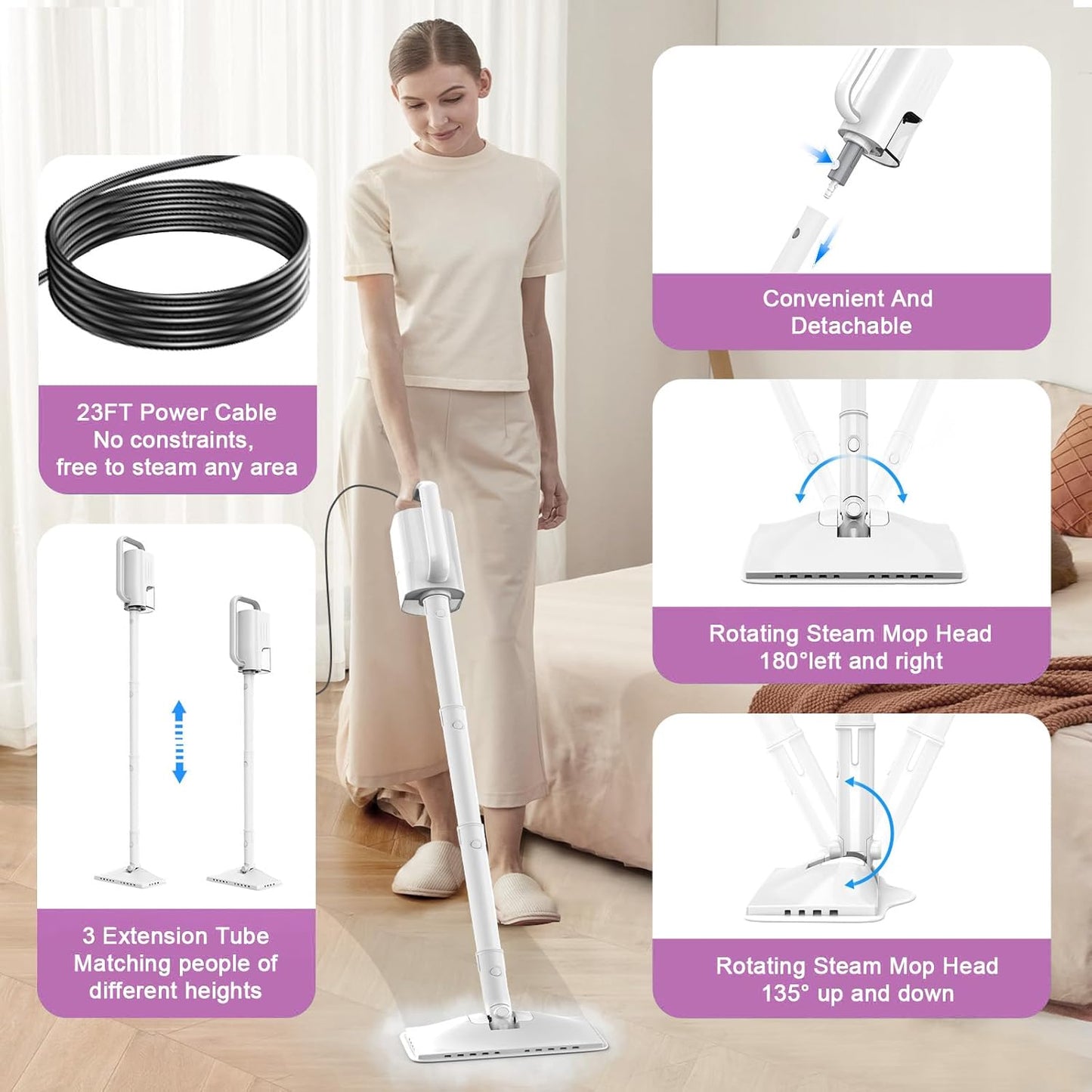 Steam Mop Cleaner, 7 in 1 Rotated Steam Cleaner for Home, Adjustable 2 Modes Steam Mop with 23FT Power Cable and 400ML Removable Tank, Hard Floor, Laminate Floor, Tiles Cleaning (Tea White)
