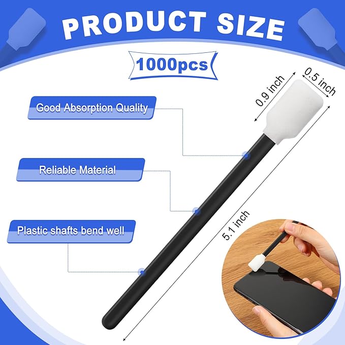 Macarrie 1000 Pack Cleaning Swabs 5.1 Inch, Foam Tips Sponge Sticks for Printer, Electronics, Camera, Optical Lens, Sewing Machine (Black,1000)