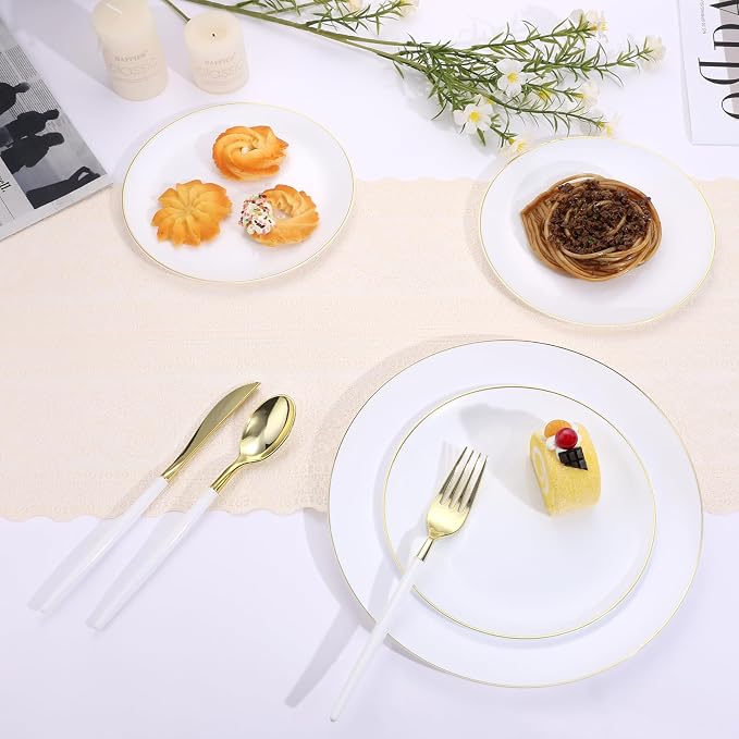 Goodluck 300PCS White Gold Plastic Silverware Set for 100 Guests, 100 Knives, 100 Forks and 100 Spoons, Food-grade material free of BPA, Gold Plastic Cutlery Ideal for Weddings, Birthdays, Graduation