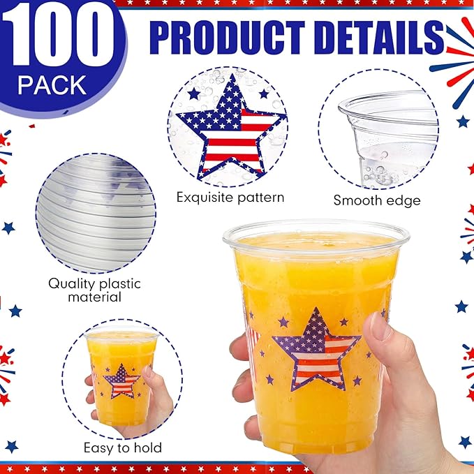 100 Pcs 4th of July Patriotic Plastic Cups 12 oz American Flag Disposable Plastic Red Blue and White Drinking Cups Bulk for Independence 250th Anniversary USA Party Decoration Supplies