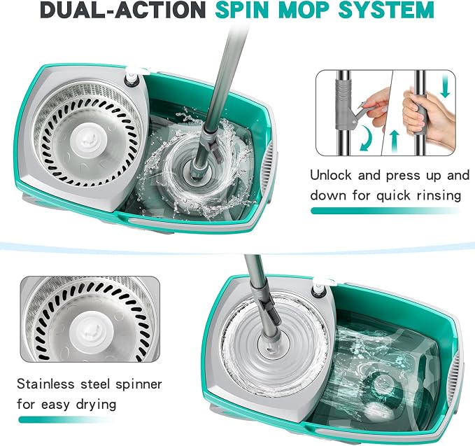Mop and Bucket Set with Wringer, Spin Mop Floor Cleaning System with 6 Replacement Microfiber Heads & 61" Extra-Long Handle for Home Floor, Blue
