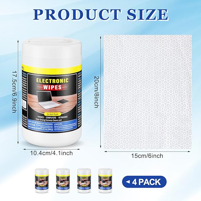 Threlaco 4 Pack 240 Count Electronic Wipes Screen Cleaner Wipes for Computer Laptop Monitor Lens Phone TV Screens Keyboard Cleaning