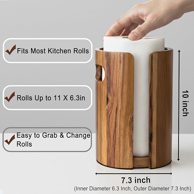 Wood Paper Towel Holder for Kitchen Countertop, Acacia Wooden Kitchen Towel Holder with Splash Guard, Handles & Weighted Non-Slip Base, Home Decor Essentials, for Kitchen, Bathroom,Apartment, RV