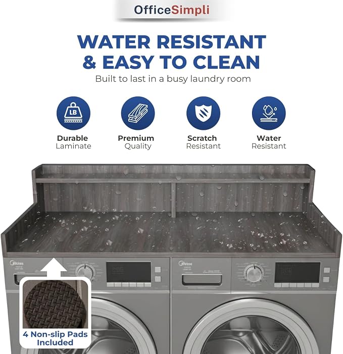 OfficeSimpli Large Washer Dryer Countertop with Shelf - 30 x 58 Inch - Made in USA Laundry Countertop Over Washer and Dryer with Non-Slip Pads, Storage Shelf, Laundry Topper Organizer, Iconic Maple