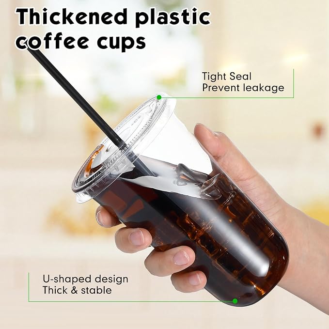 Ziliny 100 Set Clear Plastic Cups with Lids and Straws, Disposable Iced Coffee PET Cups for Drinking Cold Beverage Juice Parfait Smoothie Milkshake Coffee Shops Party Supplies (18 oz)