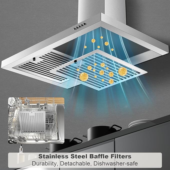 Range Hood 30 inch, Wall Mount Range Hood Ducted/Ductless, Kitchen Hood in Stainless Steel, Vent Hood with Baffle Filters, 3 Speed Fan, Push Button Control, Energy-Saving LED Light