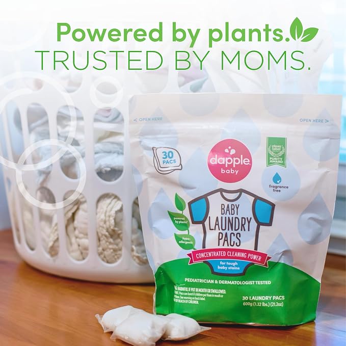Dapple Baby Laundry Detergent Pacs - 30 Count - Fragrance-free Laundry Pods for Sensitive Skin - Plant-Powered Stain Remover - Newborn Essentials (Pack of 2)