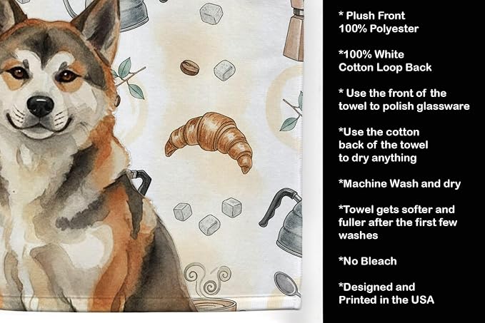 Caroline's Treasures Sesame Akita Coffee Bar Kitchen Towel Velour Plush Front and Cotton Loop Back Machine Washable