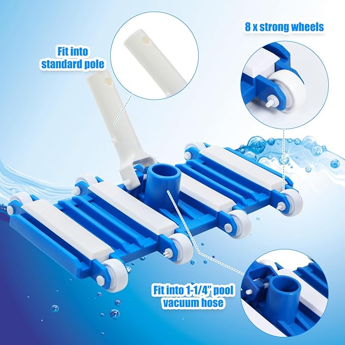 3 Pcs Pool Vacuum Kit Manual Vacuum Head with 1-1/2" x 18ft Long Hoses and Skimmer Net Flexible Head Wheels, Maintenance Accessory Tool for Above Ground Inground Pool Cleaning