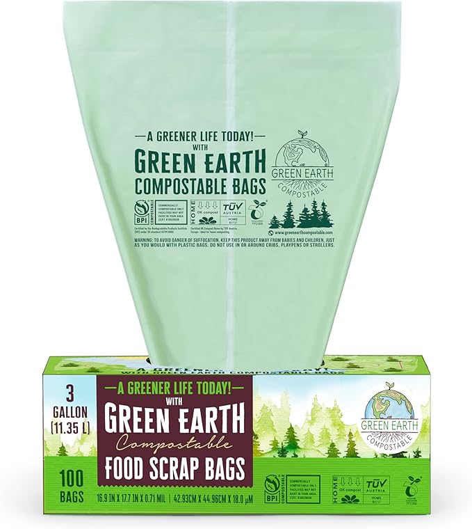 Green Earth Compostable Small Kitchen Food Scrap Trash Bags, Compost Bin Compatible, 3 Gallon, 11.35 Liter, 300-Count, Extra Thick 0.71 Mil, ASTM D6400, BPI (US) & OK Compost Home (EU) Certified