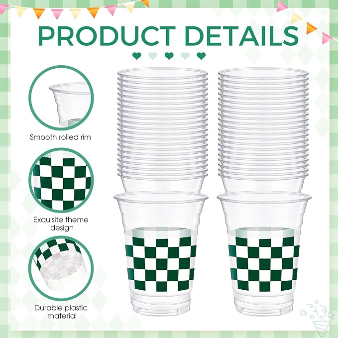 SiliFine 50 Pcs 12 oz Dark Green Checkered Plastic Cups Clear Disposable Gingham Plaid Party Cups for Baby Shower Golf Camp Parties Picnic Party Decorations