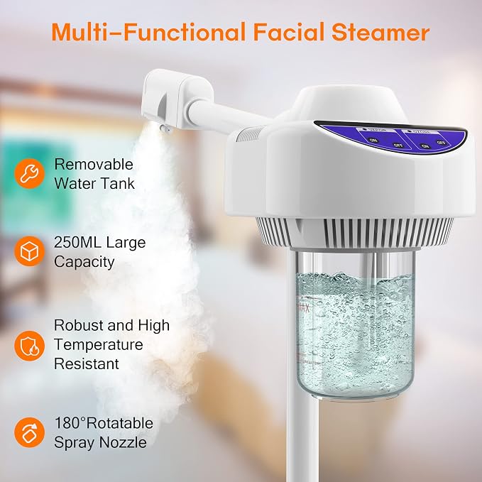 Professional Nano Ionic Facial Steamer on Wheels with Ozone Function, Standing Face Steamer for Deep Pore Care, Hydration, Home Spa & Salon Use