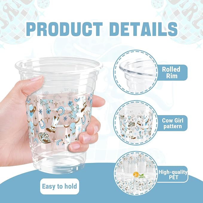 100 Pcs Cowboy Party Plastic Cups, 16 oz Clear Blue Western Cowboy Disposable Cups Bulk for Cold Juice Cold Beverage Holiday Favor Birthday Party Supplies
