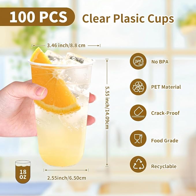 KesaPlan 100 Pcs 18 oz Clear Plastic Cups, Disposable Stemless Wine Glasses, Round Bottom Plastic Cocktails Cups, Crystal Disposable Cold Drinking Cup for Birthday Wedding Meeting Christmas Party