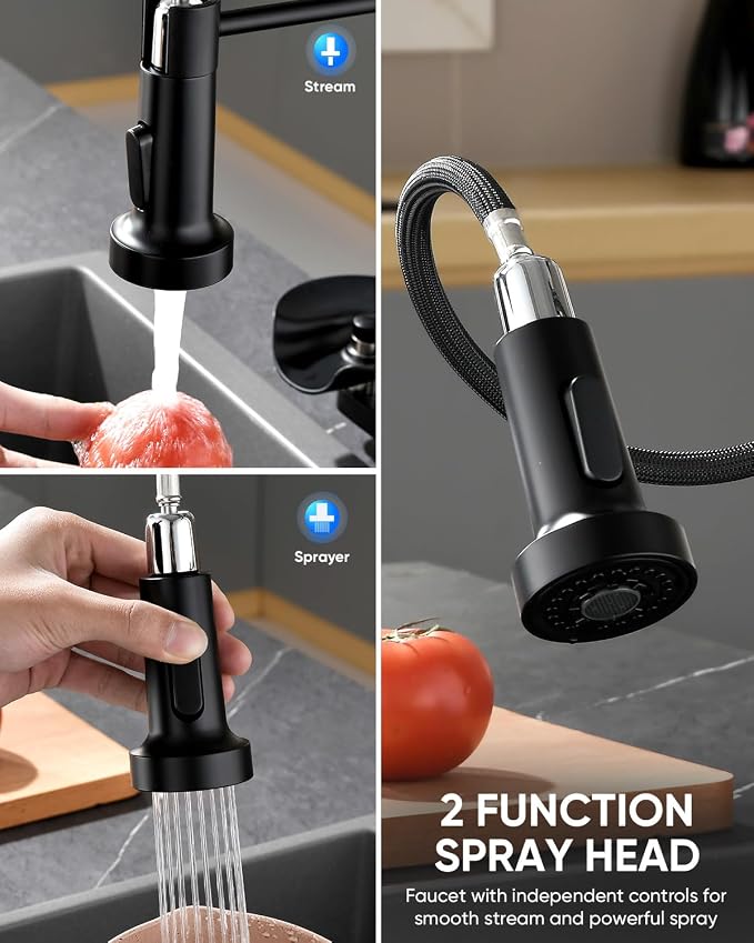 Kitchen Faucet with Cup Washer Pull Down Sprayer Stainless Steel Kitchen Sink Faucet with Deck Plate Glass Rinser Single Hole Black 3307R