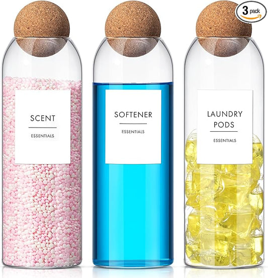 3 Pcs Glass Laundry Detergent Dispenser with Cork Lids Liquid Detergent Containers 50.7 oz Powder Storage for Scent Booster Powder Dryer Balls Beads