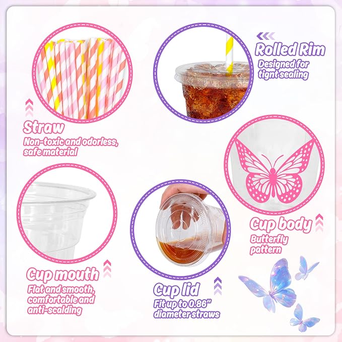 Whaline 60Pcs Butterfly Disposable Plastic Cups with Lids and Straws Pink Purple Blue Butterfly Cold Beverage Drinking Cups for Wedding Birthday Baby Shower