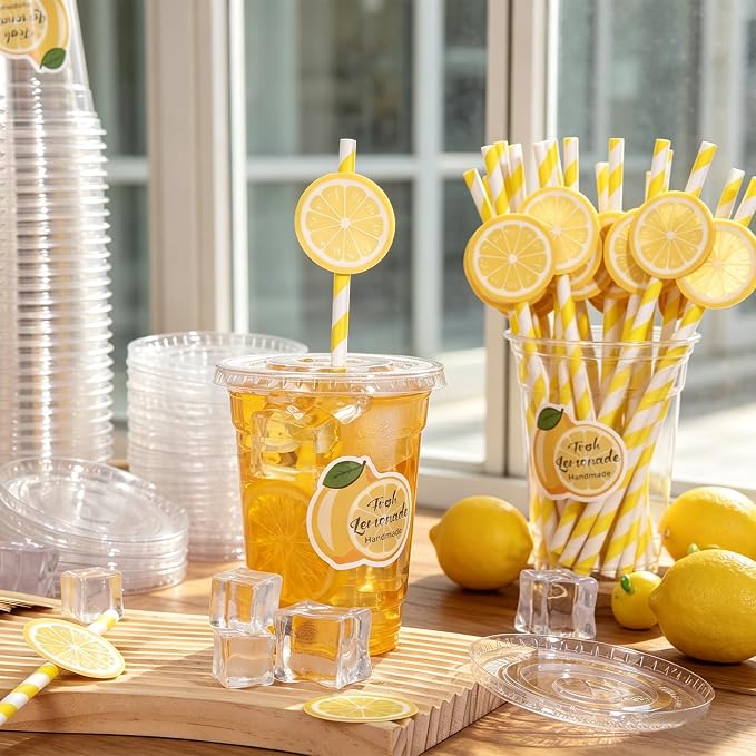 100Pcs Lemon Disposable Plastic Cups with Lids and Straws, 12Oz Party Cups Lemon Cold Beverage Drinking Cups with Stickers for lemonade Stand Supplies Summer Iced Coffee Smoothie Juice Tea