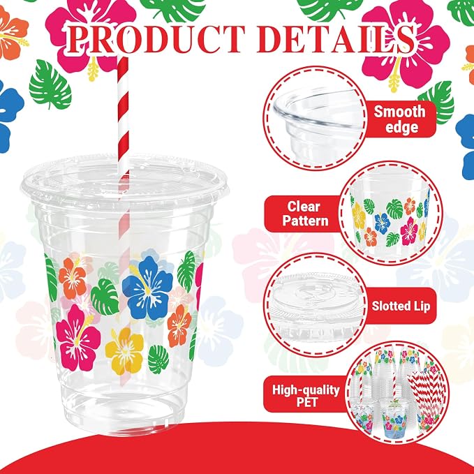 50 Sets Hawaii Hibiscus Flower Plastic Cups with Lids Straws 12 oz Colorful Tropical Flower Disposable Cups Drinking Cold Beverage Cup for Summer Beach Luau Aloha Birthday Party Supplies