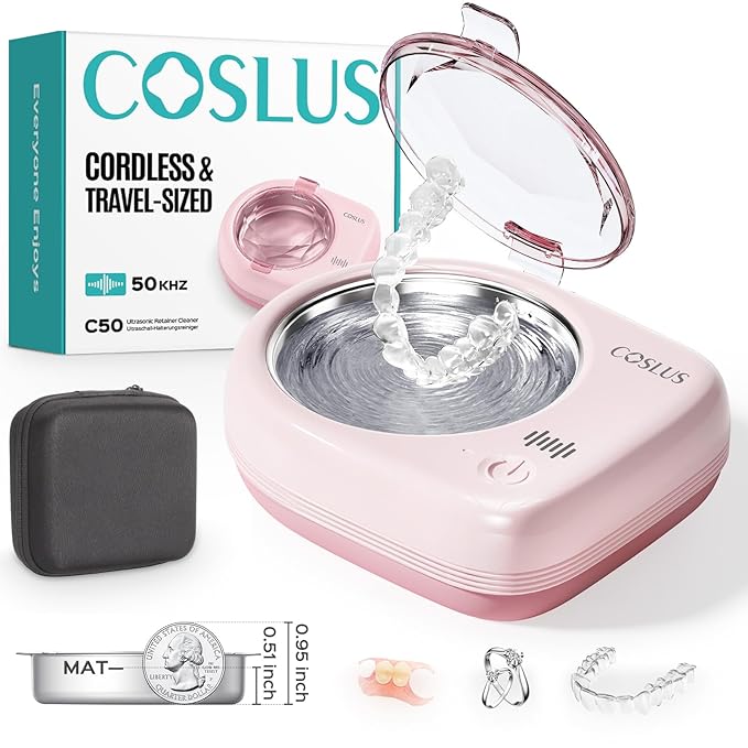 COSLUS C50 Sonic Retainer Cleaner Machine: Cordless Professional Dental Cleaning Pod for Retainer, Aligner, Night Guard Deep Cleaning - Rechargeable Mini Travel Design, Quiet for Home Use with Timer