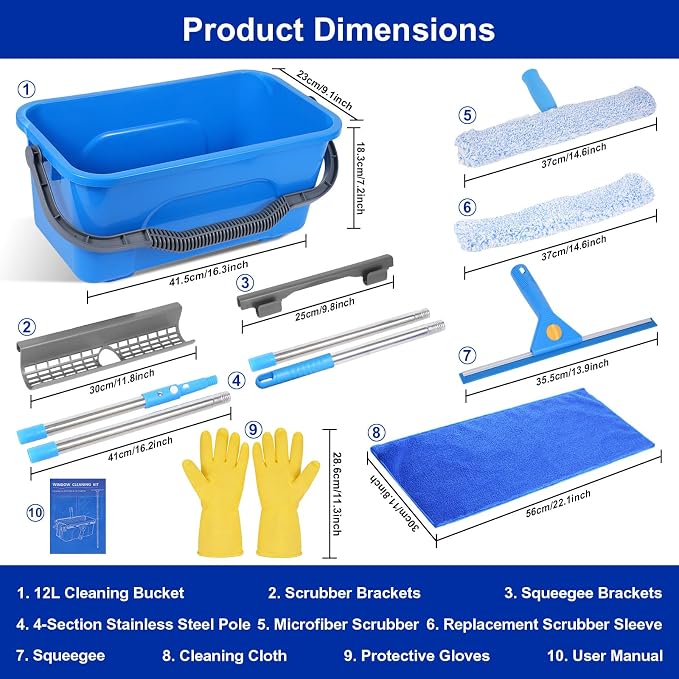 Professional Window Cleaning Kit, Window Washing Kit with 3 Gallon Bucket, 14-Inch Squeegee & 15-Inch Scrubber, 61-Inch Extendable Pole, Window Cleaning Equipment for Home & Commercial (61 inch-2)
