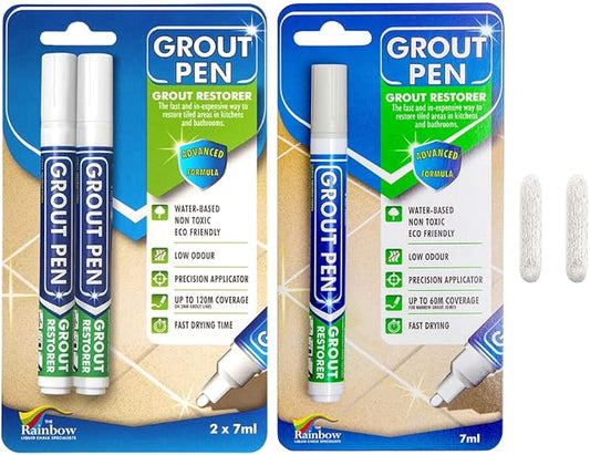 Grout Pen Tile Paint Marker: Winter Grey 1 Pack and 2 Pack White with Extra Tips (Narrow, 5mm) - Waterproof Tile Grout Colorant Marker for Cleaner Looking Floors & Whitener Without Bleach