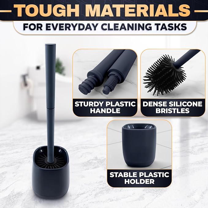 Toilet Brush and Holder Set - Silicone Toilet Bowl Brush with Black Holder Base, Compact Bath Accessory for Small Spaces - Easy to Place and Simple to Store After Use, Plastic Bathroom Cleaning Tool