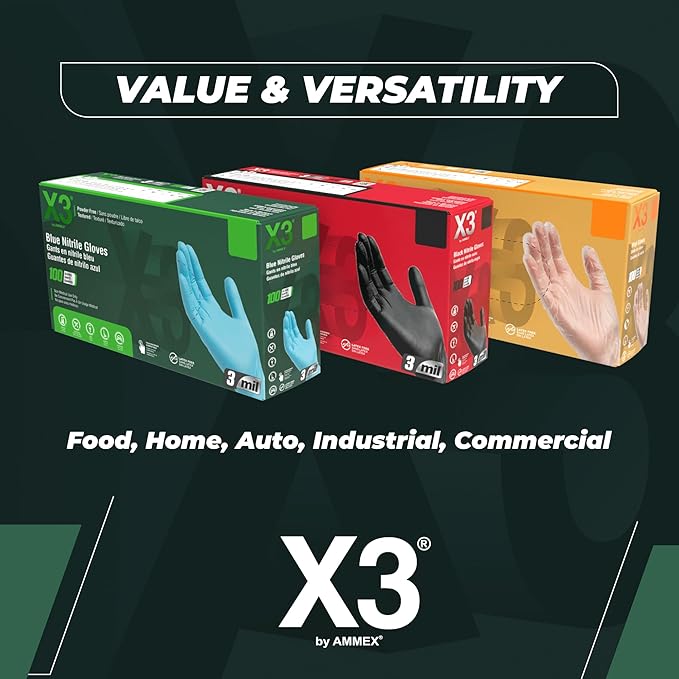 X3 Black Gloves, Disposable, Latex Free, Nitrile, for Cooking, Food Prep, 3 Mil, Powder-Free, Sizes Small through XX-Large
