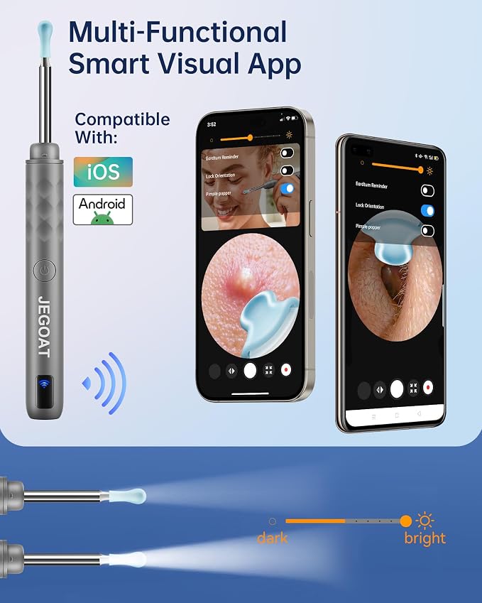 Jegoat Ear Wax Removal, Ear Wax Removal Tool Camera with 1296P HD Camera and 6 LED Lights, Ear Cleaner with 10 Ear Pick, Upgraded Ear Wax Removal Kit for iOS and Android, Gray