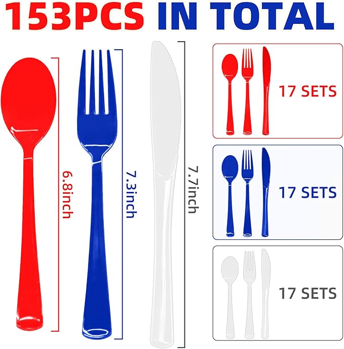 153Pcs Red White and Blue Plastic Silverware, 4th of July Silverware, Red White Blue Utensils Set Includes Spoons, Forks and Knives for 4th of July, World Cup, BBQs & Picnics