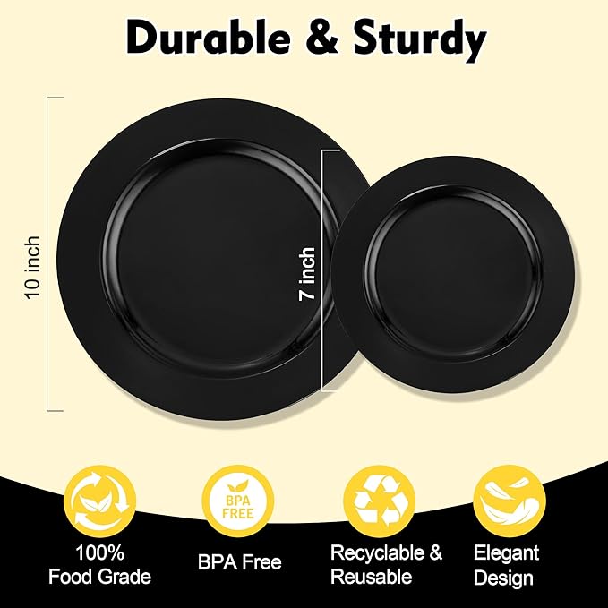 100 PCS Black Plastic Plates, Plastic Black Disposable Plates Include 50 10 inch Dinner Plate and 50 7 inch Dessert Plate Perfect for Party, Wedding