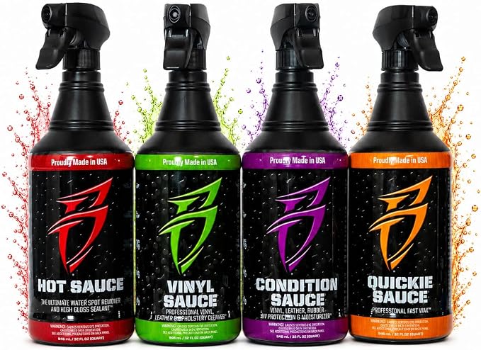Bling Sauce Boat Essentials Cleaning & Detailing Kit, 4-Pack, 20 oz Each | Four marine care sprays tackle hard water spots, vinyl, interiors and fast wax shine in one compact detailing bundle
