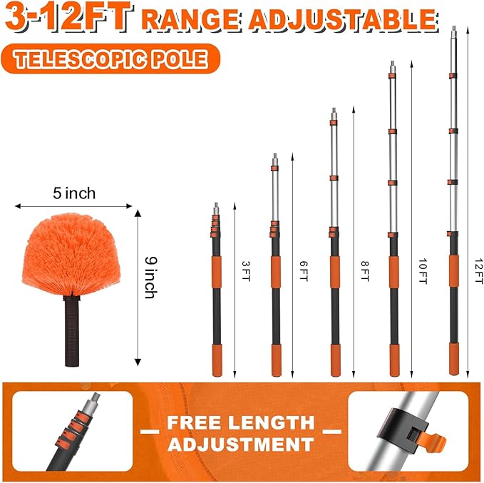 SISUPASSIE 20FT Reach Cobweb Duster with Extension Pole, High Ceiling Long Duster with 3-12FT Telescoping Pole, Spider Web Brush for Indoor Outdoor Use