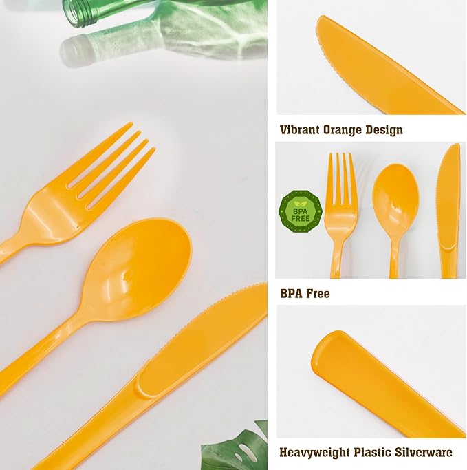 150 Pcs Orange Plastic Silverware, Orange Plastic Cutlery Disposable Includes 50 Forks, 50 Spoons, 50 Knives for Baby Shower, Birthday, Party, Holiday
