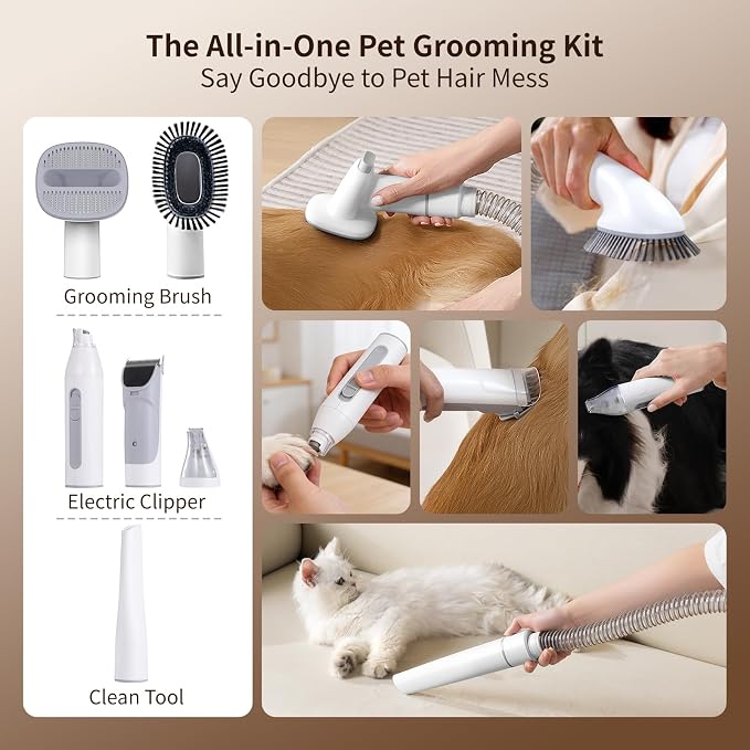 Dog Grooming Vacuum, 13000Pa Powerful with 1.5L Cup 6 in 1 Pet Electric Grooming Vacuum for with Hair Clipper & Shedding Brush, Low Noise, 3 Suction Levels for Thick Hair Cats & Dogs