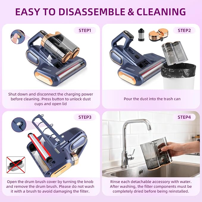 Cordless Mattress Vacuum Cleaner with 253.7nm UV-C Light, Deep Blue | 16Kpa Handheld Bed Vacuum, Ultrasonic, Widened Suction, Low Noise, HEPA Filtration for Mattress Sofa Couch Pet Hair.