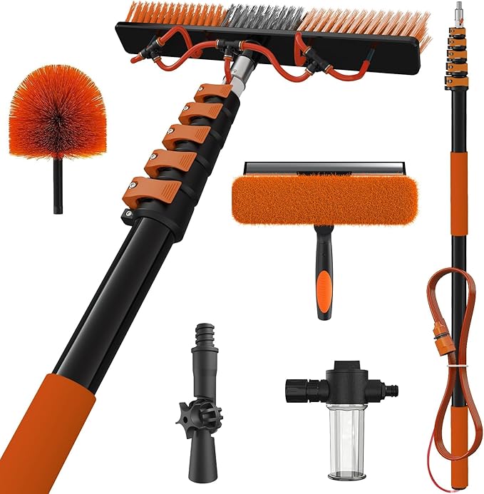 30Ft Reach Solar Panel Cleaning Brush Kit with 5-24ft Telescoping Pole, Water Fed Window Cleaner Tool with 20" Brush, Soap Dispenser, Cobweb Duster, Squeegee for Roof, CV, Gutter, Boat, Deck
