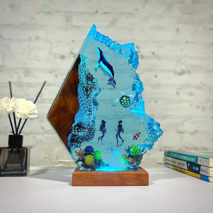Shark Resin Lamp, Scuba Diving Resin Ocean Lamp,Handmade Shark Decor Bedside Nightlight with Wooden Base, RGB Mode,Unique Gifts for Valentine's Day, Mother's Day, Birhtday,Holiday (S 6"x4")