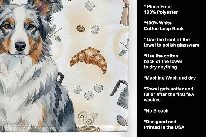 Caroline's Treasures Blue Merle Border Collie Coffee Bar Kitchen Towel Velour Plush Front and Cotton Loop Back Machine Washable