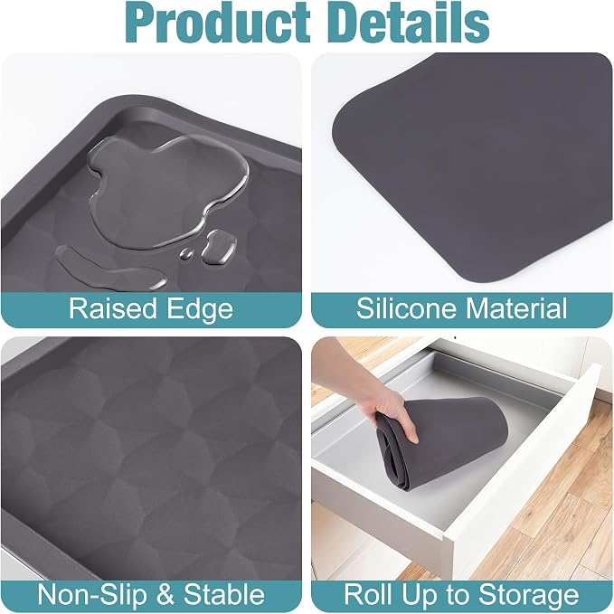 ToLanbbt Refrigerator Spill Mat - 37.5'' x 8.5'' Silicone Under Fridge Floor Protector with Raised Edge, Leak Catcher Liner Drip Tray for Refrigerator Washing Machine, Dryer, Wine Cooler, Gray