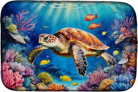 Caroline's Treasures Turtle and Reefs Dish Drying Mat Absorbent Dish Drying Mat Pad for Kitchen Counter Dish Drainer Mat for Countertop, 14 x 21", Multicolor