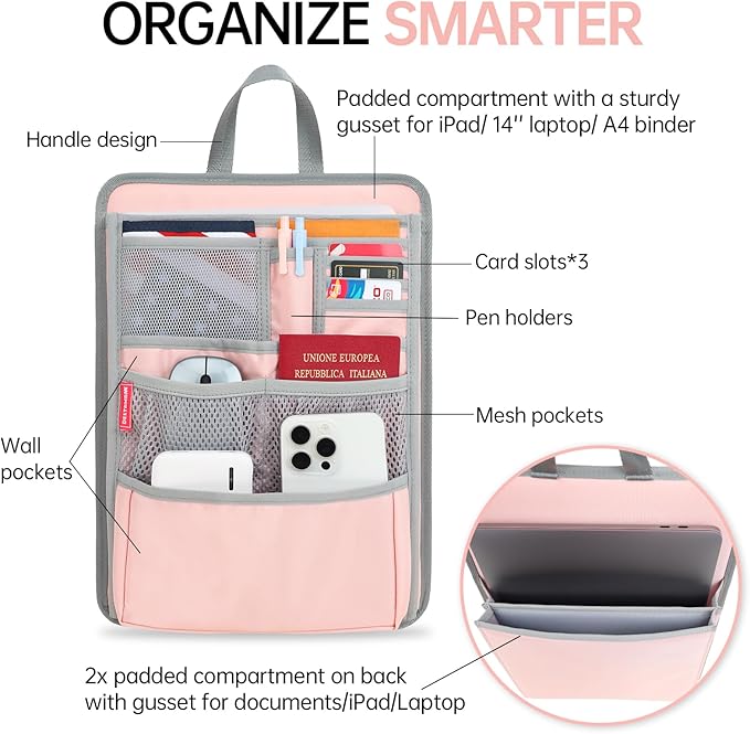 Slim Rugged Backpack Organizer Insert for Business Casual Men Women -13 Pockets,Padded Nylon,Max 14'' laptop- Pink