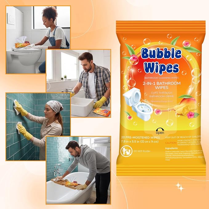10 Pack Bathroom Cleaning Wipes 200 Count Mango Scent 2-in-1 Wipes Cleaner for Bathroom Toilet, Sink, Tile & Shower -Reusable Sealable Pouch, No Scrubbing Needed