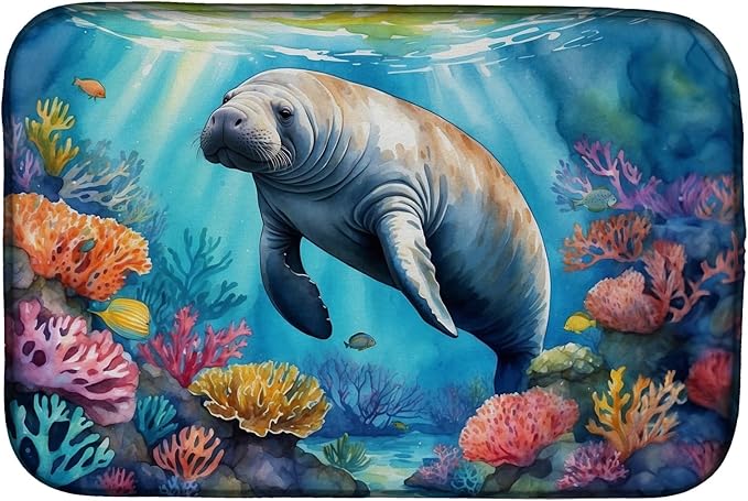 Caroline's Treasures Manatee and Coral Reefs Dish Drying Mat Absorbent Dish Drying Mat Pad for Kitchen Counter Dish Drainer Mat for Countertop, 14 x 21", Multicolor