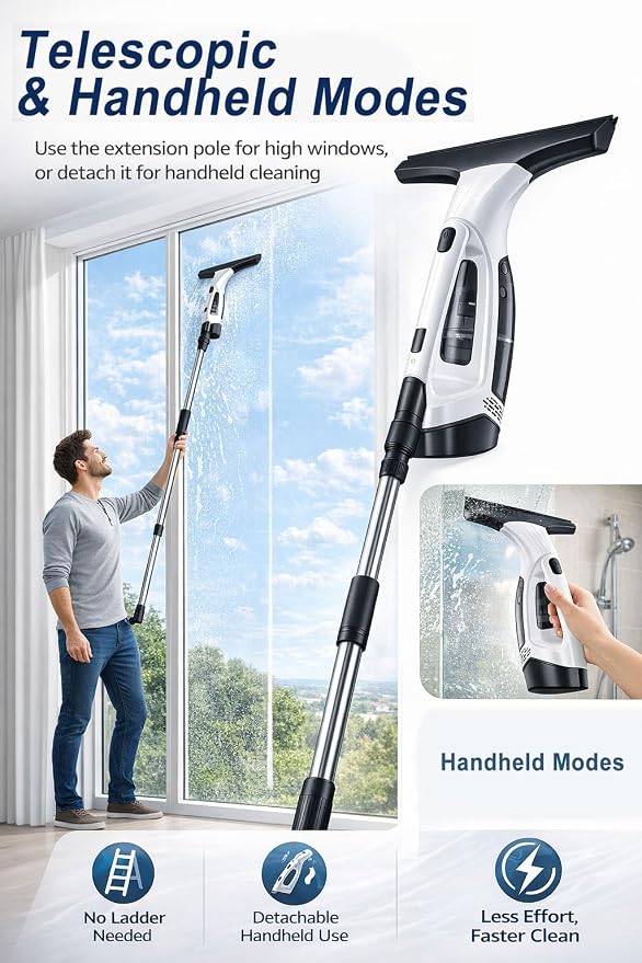 Window Vacuum Squeegee Cordless, Electric Window Cleaner Tool with 2000Pa Suction, 2200mAh Rechargeable Battery, 150mL Detachable Tank, 11-Inch Blade for Windows, Shower Doors, Mirrors