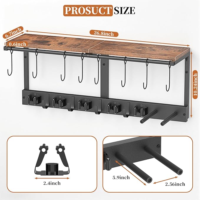 Wall Mounted Broom Holder & Utility Rack | Heavy-Duty Tool Organizer for Garage, Laundry Room & Kitchen | Space-Saving Storage with Shelf for Cleaning Supplies, Vacuums & Tools