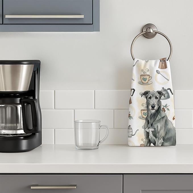Caroline's Treasures Gray Irish Wolfhound Coffee Bar Kitchen Towel Velour Plush Front and Cotton Loop Back Machine Washable