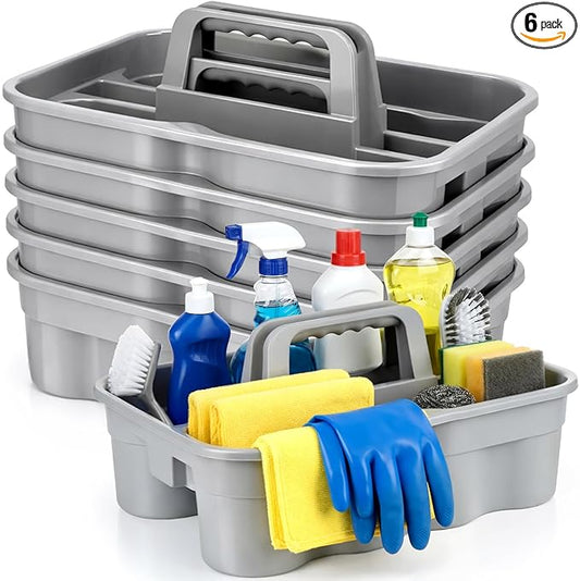Wesiti 6 Pcs Cleaning Caddy with Handle Large Plastic Housekeeping Shower Basket Cleaning Supplies Organizer for Spray Bottles Brush Home Bathroom Office (Gray)