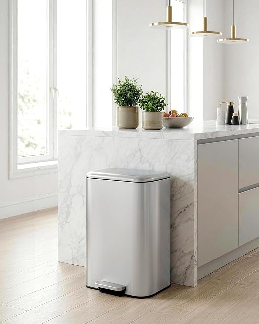 Garvee 13 gal Kitchen Trash Can, Step Garbage Can with Soft-Close Lid, Stainless Steel Recycling Bin with Removable Inner Bucket, Rectangular Waste Container for Living Room, Office, Silver