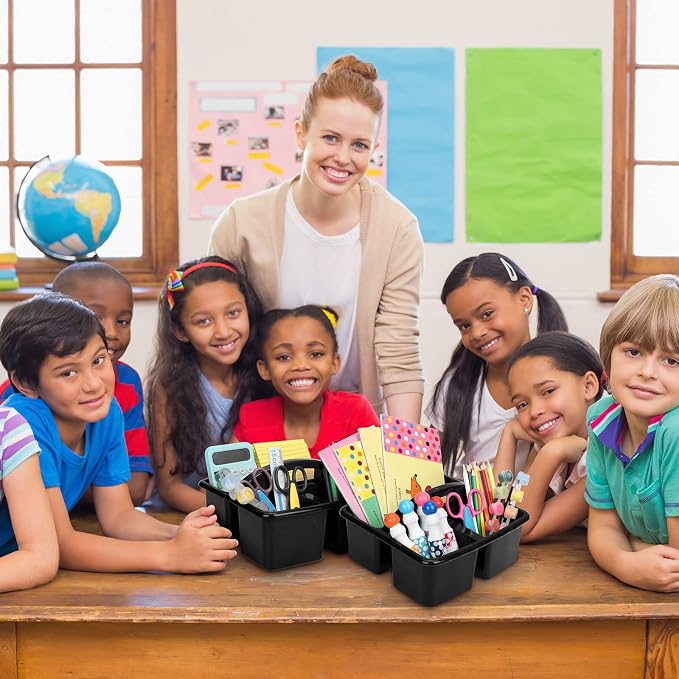 Geelin 24 Pack Classroom Caddy Bulk, Plastic Storage Caddy with Handle and 3 Compartments, Stackable Art Supply Caddies Organizer(Black)